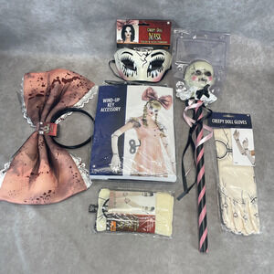 Creepy Doll Adult Costume Accessory Lot Halloween Wind-Up Key Mask Gloves Tights